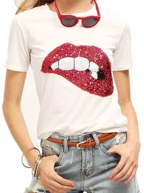 White Tee with Sequin Red Lip Graphic